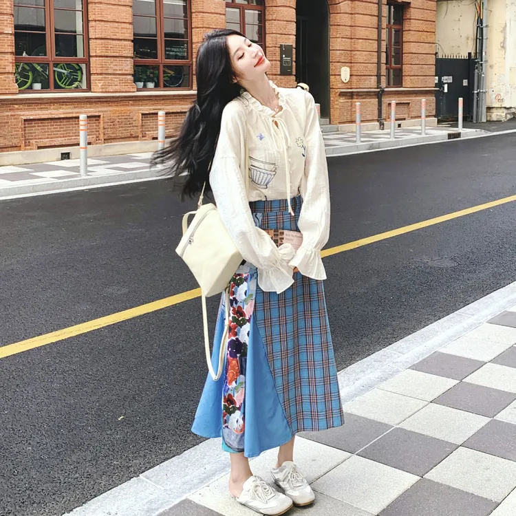 时尚氛围感洋气减龄套装裙女2025秋季新款印花衬衫半身裙两件套