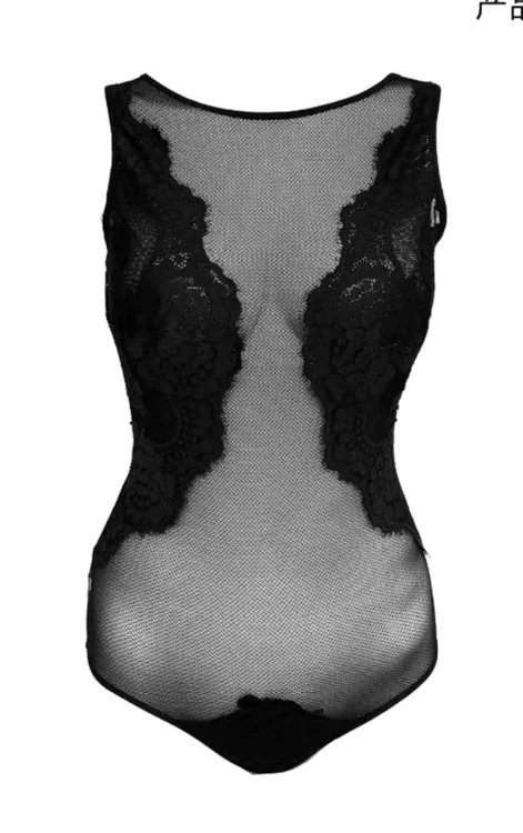 Q*s secret wonderland法式性感黑色透明薄款蕾丝连体衣