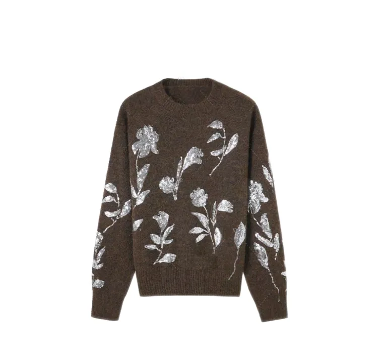 圆领亮片刺绣复古风女生针织毛衣衫上衣