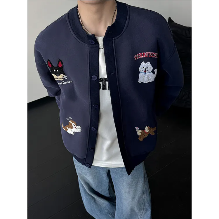 美式趣味小狗毛巾绣开衫卫衣男秋季cleanfit小众设计感棒球服外套