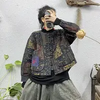 110023-2夹棉盘扣口袋绣福袖口拼老布棉袄外套（前50后56胸围135