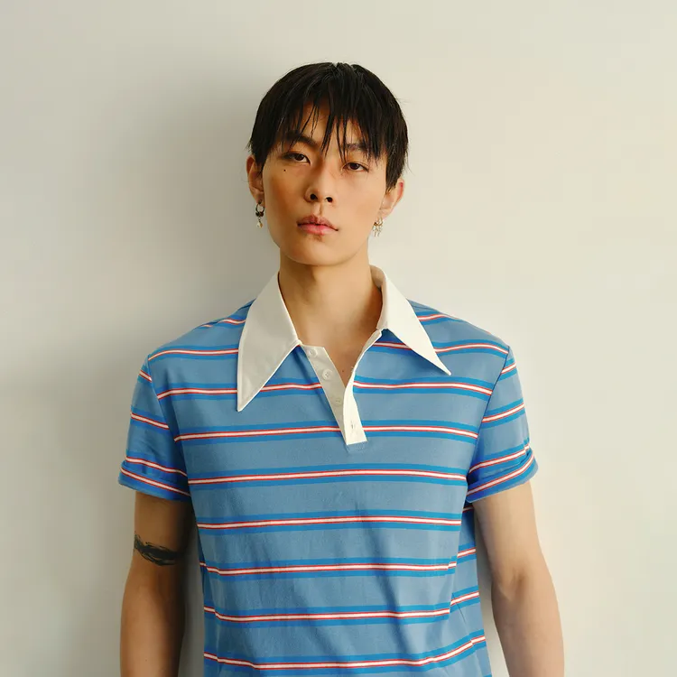 KADAKADA斜领原创小众复古学院风条纹男女同款短袖短款开衩polo衫