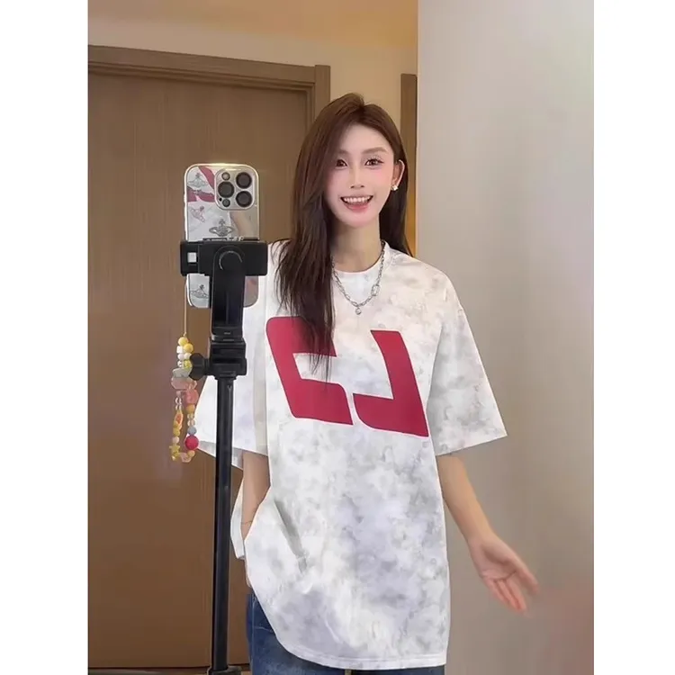 美式扎染正肩t恤男款夏季美式重磅小领口情侣半袖青少年宽松短袖