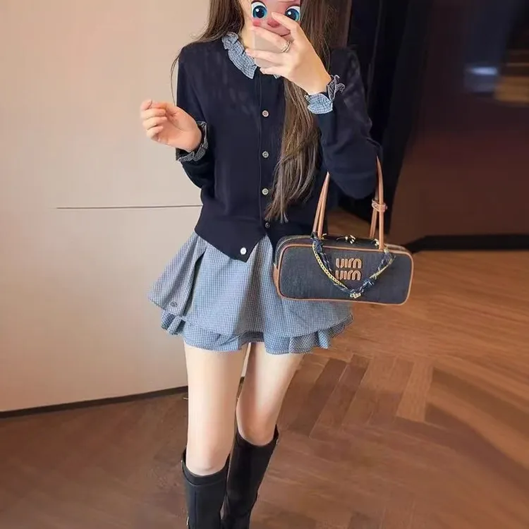 2025韩版春秋季新款纯色拼接花边短款开衫纯色外穿上衣