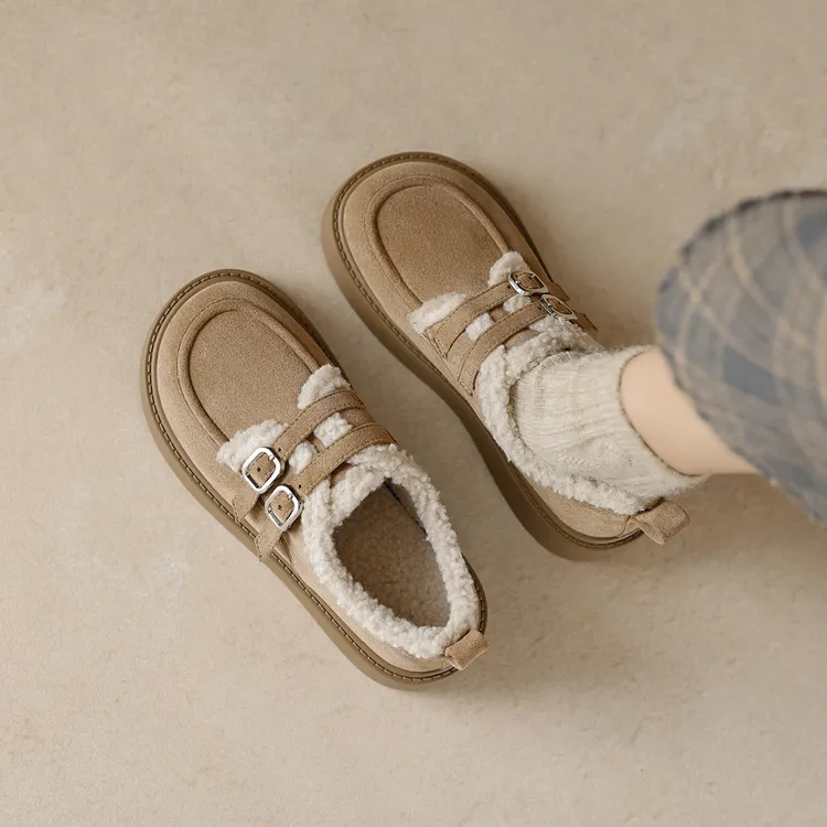 真皮~厚底勃肯鞋女秋冬加绒增高一脚蹬单鞋雪地靴大码女鞋41到43