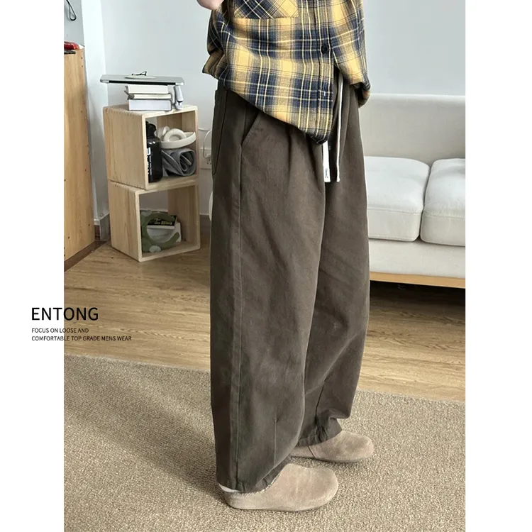 Entong美式复古咖色褶皱垂感休闲裤痞帅高级感阔腿弯刀裤拖地长裤
