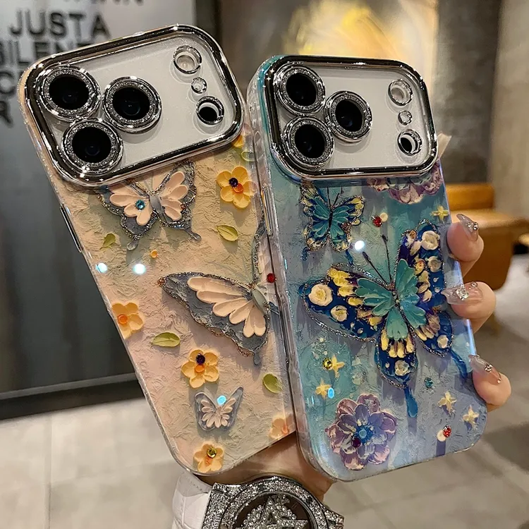 适用苹果系列iPhone17新款手机壳时尚感蓝白蝶蝶全包闪粉镜头防摔