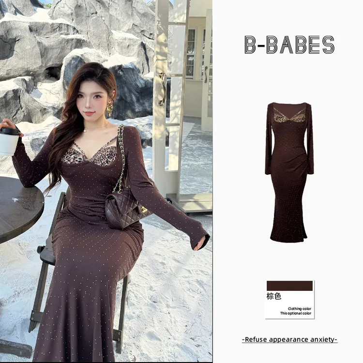 B-babes【棕钻魅豹】大码性感辣妹豹纹拼接假两件修身长袖包臀裙