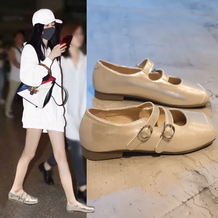爆款方头浅口单鞋女2025年夏季新款百搭软底舒适时尚双扣带奶奶鞋