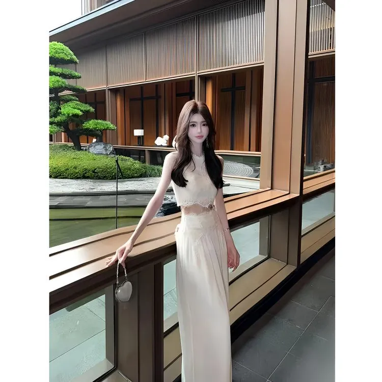 【现货】【多情夏威夷】夏季新款优雅甜美精致睫毛蕾丝上衣+裤子套装