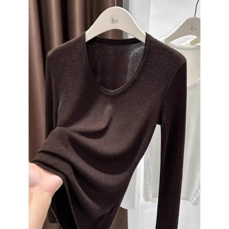 美拉德棕色针织打底衫女秋冬内搭保暖柔糯长袖T恤低u领修身上衣