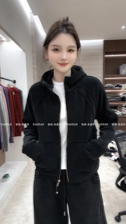 【奥粒绒拉链帽衫】加厚小个子！高腰连帽慵懒宽松卫衣女带帽外套潮