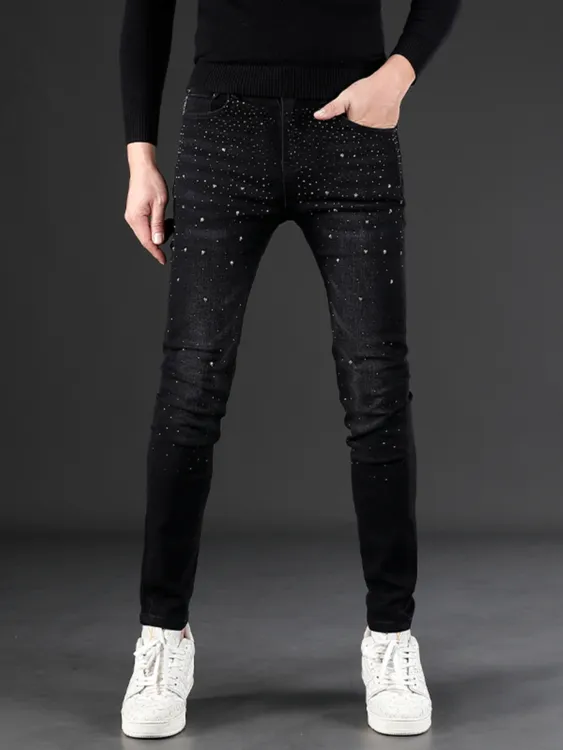 烫钻黑色男士牛仔裤2024新款修身小脚弹力韩版显瘦潮牌男牛仔裤子
