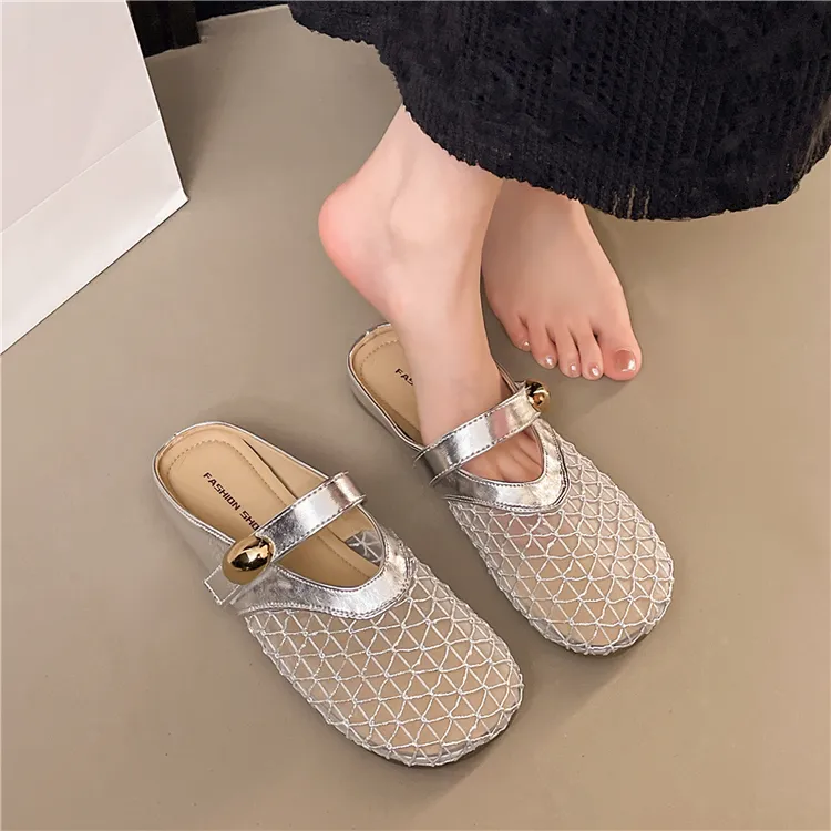 平底法式包头半拖鞋外穿女鞋2025年春夏新款网面透气舒适软底凉拖