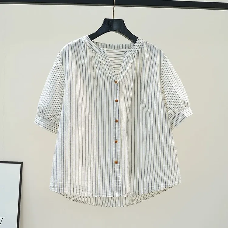复古文艺范撞色竖条纹衬衫女V领短袖宽松休闲棉衬衣2026夏季上衣