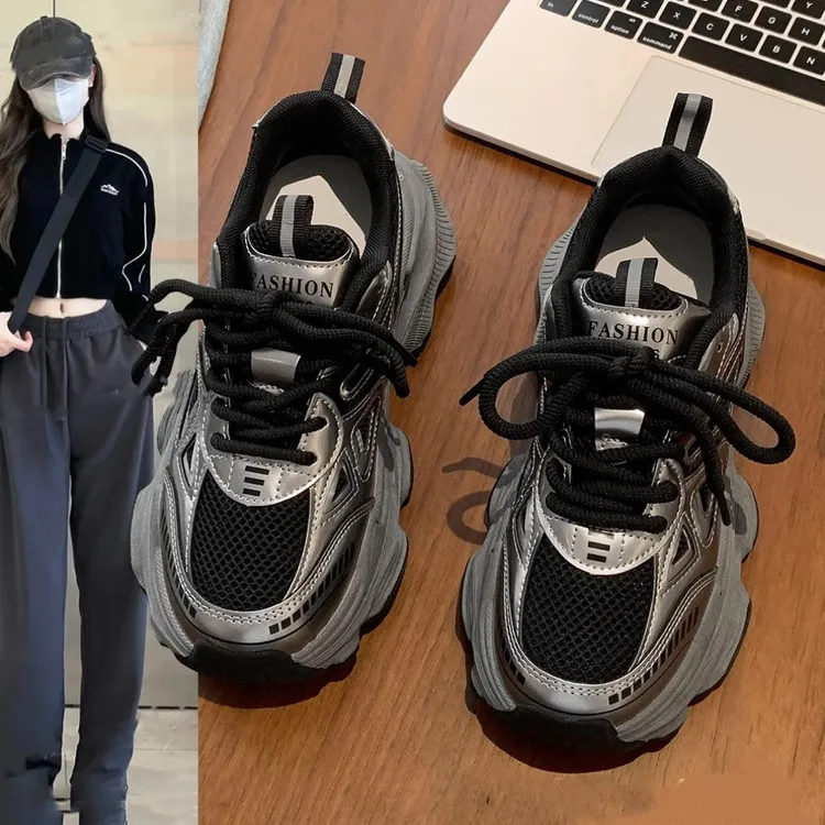 老爹鞋女加绒黑色鞋子2025新款春秋季百搭松糕厚底增高休闲运动鞋