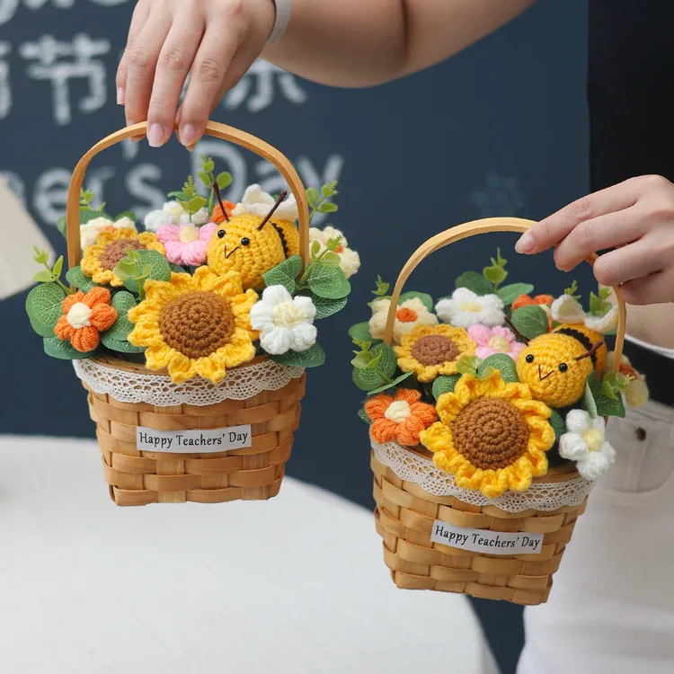 教师节礼物送男女老师成品针织蜜蜂向日葵仿真毛线花手工编织花篮