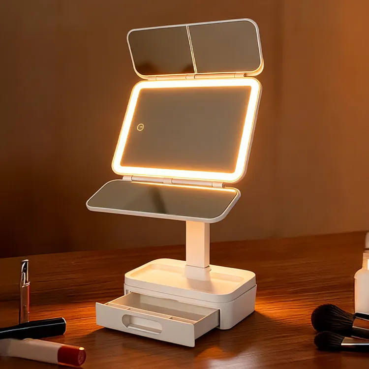 LED灯光化妆镜带收纳盒可升降可旋转可调节亮度三色光带灯化妆镜