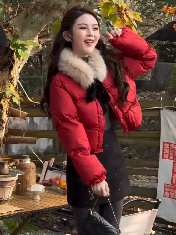 大毛领小个子短款荷叶边少女心棉服女2025冬季新款跨年红外套潮流