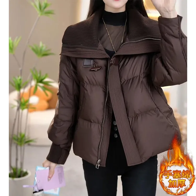 韩版纯色拼接翻领棉服女2024年冬季新款时尚洋气爆款保暖短款外套