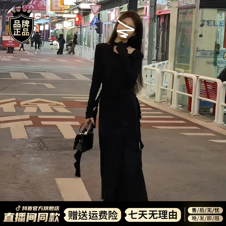 赫本风法式黑色连衣裙子女秋冬季2025新款气质高级感穿搭套装长裙