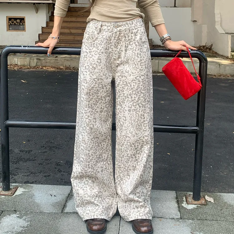 橘子树在哪儿美式特调白灰色豹纹裤女设计感宽松阔腿直筒牛仔裤