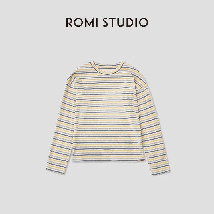 ROMI STUDIO“复古色彩”定织撞色条纹柔软圆领长袖T恤 RWCAS66185
