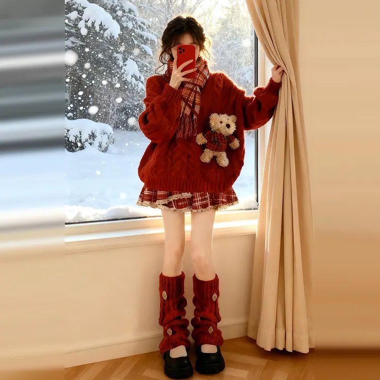 圣诞穿搭红色毛衣连衣裙女秋冬2025新款巨好看穿搭一整套短裙套装