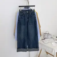 【温翘STUDIO】秋上新波普风高腰弹力洗水棉牛仔阔腿裤