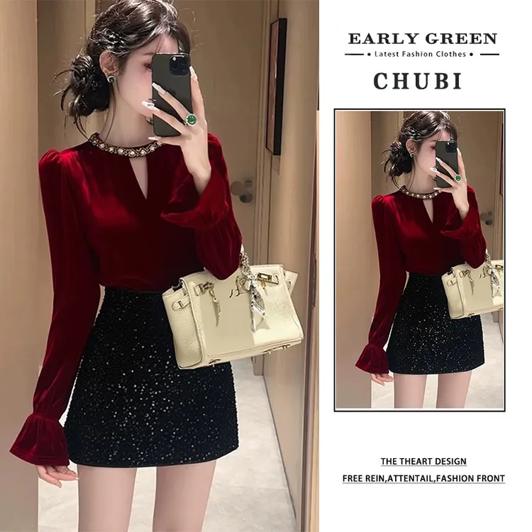 法式小香风套装女2025新款秋冬穿搭一整套红色上衣亮片短裙两件套