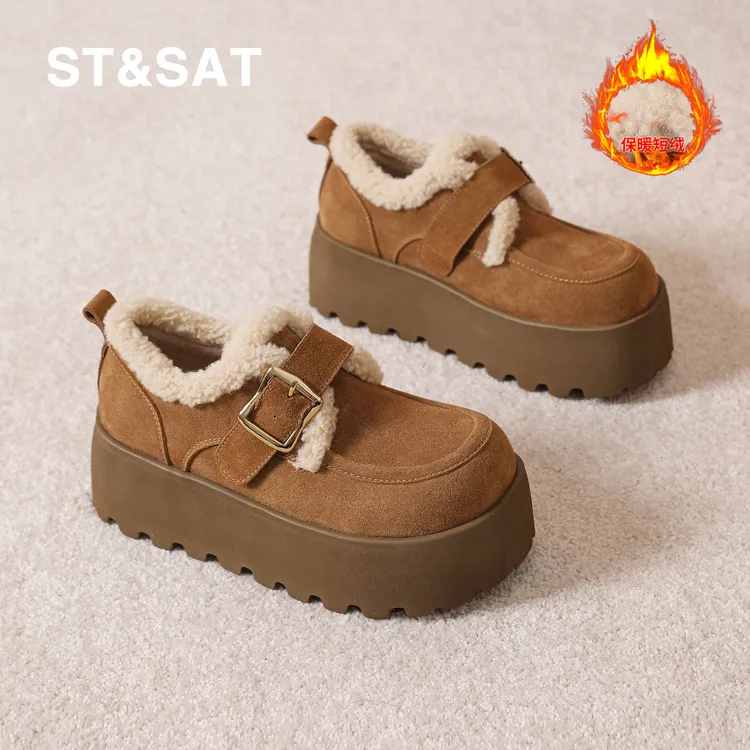 星期六真皮百搭加绒保暖雪地靴女2025冬季新款厚底防滑毛口勃肯鞋