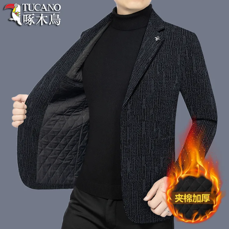 啄木鸟秋冬季西服外套男士中年休闲商务免烫单件时尚小西装男毛呢