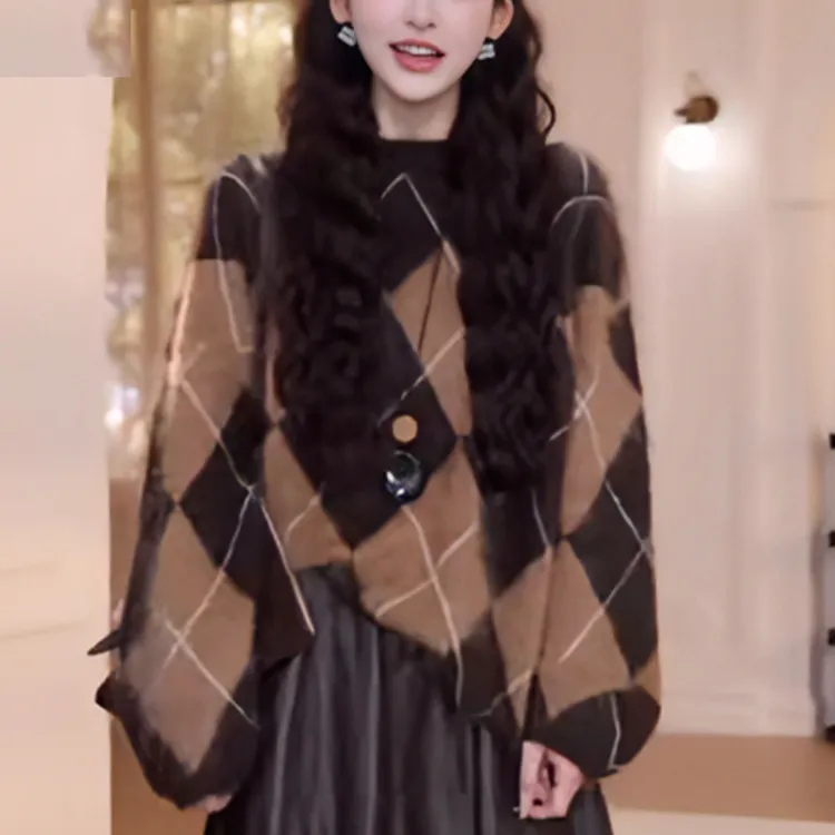 复古撞色菱格圆领长袖针织衫女装2025新款秋款宽松设计感洋气上衣