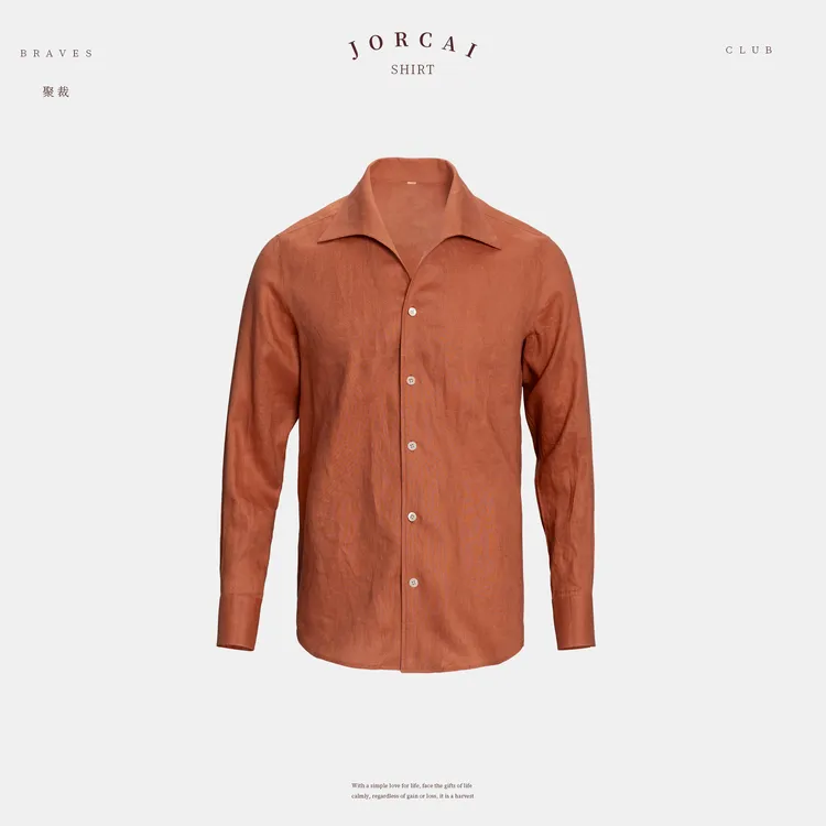 聚裁男士高端夏季法国进口亚麻裸穿不扎透气纯色一片领长袖衬衫