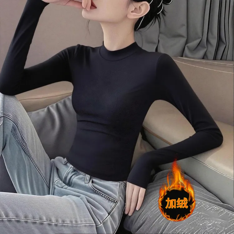 德绒黑色长袖t恤女2025新款爆款秋冬内搭修身显瘦洋气打底衫上衣