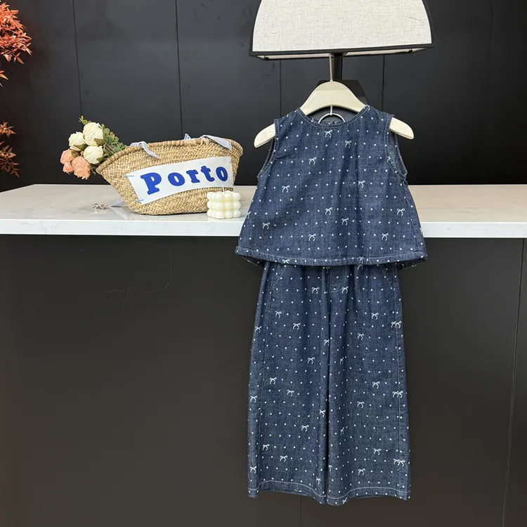 现货leomama【北欧灵感】女童牛仔套装夏季甜美阔腿裤儿童装两件套