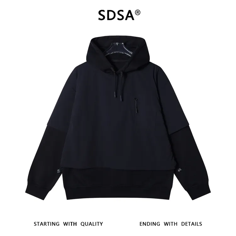 SDSA男士秋冬新款痞帅男装潮流纯色假两件连帽卫衣宽松百搭上衣