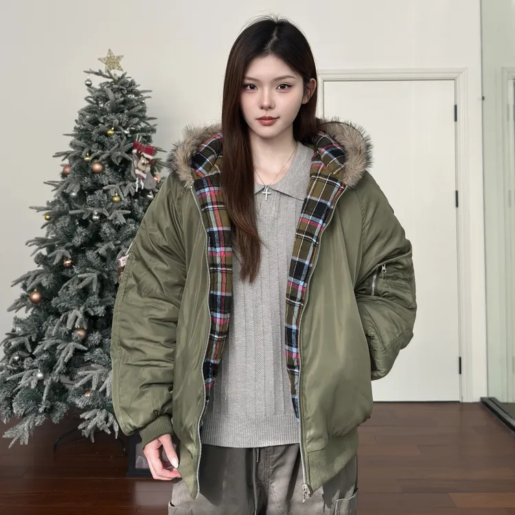 AHCN志存高远 美式双面穿格纹毛领棉服夹克连帽宽松加厚外套TP304