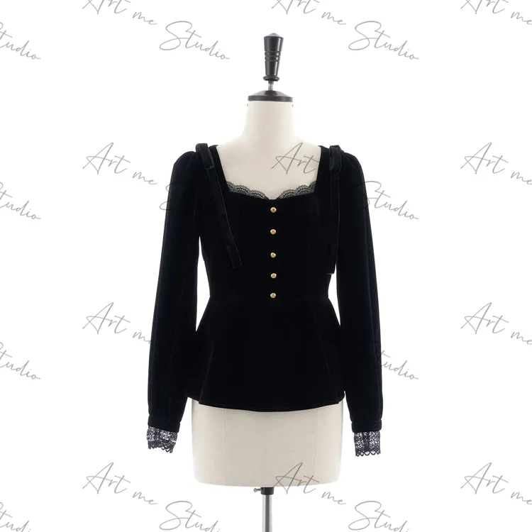 3姐【绒雪松语法式方领蕾丝 黑丝绒上衣】  S31399S1