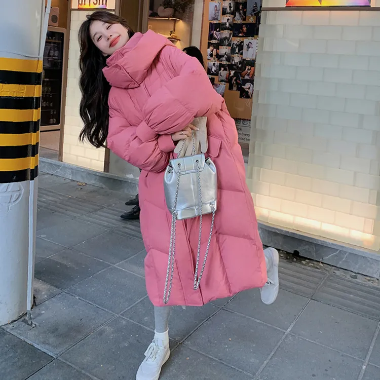冬季粉色网红爆款宽松连帽棉服女2025新款长款过膝加厚面包服外套