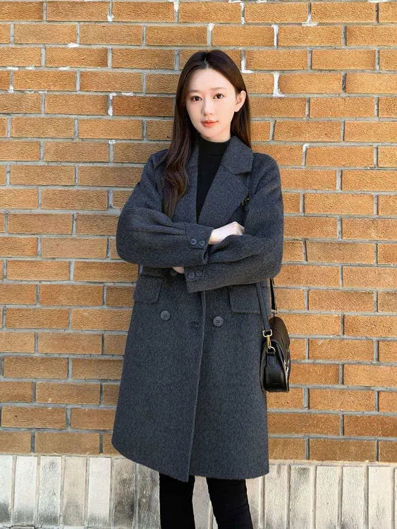高级感深灰色呢子大衣女中长款2025秋冬新款小个子西装领毛呢外套
