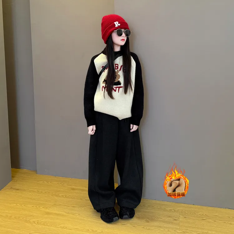 女童2025新款秋冬季韩系甜美加厚小熊毛衣糯米绒加绒阔腿裤套装潮