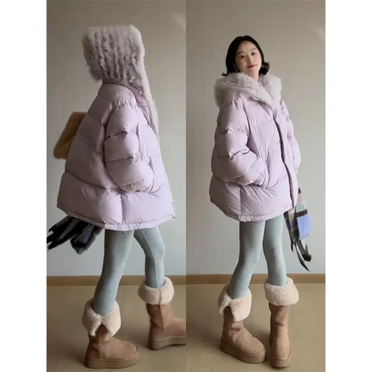 INS CEC韩系穿搭紫色连帽棉服女秋冬新款加厚保暖面包服棉衣外套