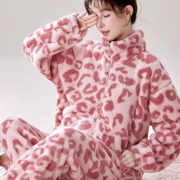 【云感豹纹】加绒加厚云感韩版锁温女加绒冬立领睡衣舒适家居服7799