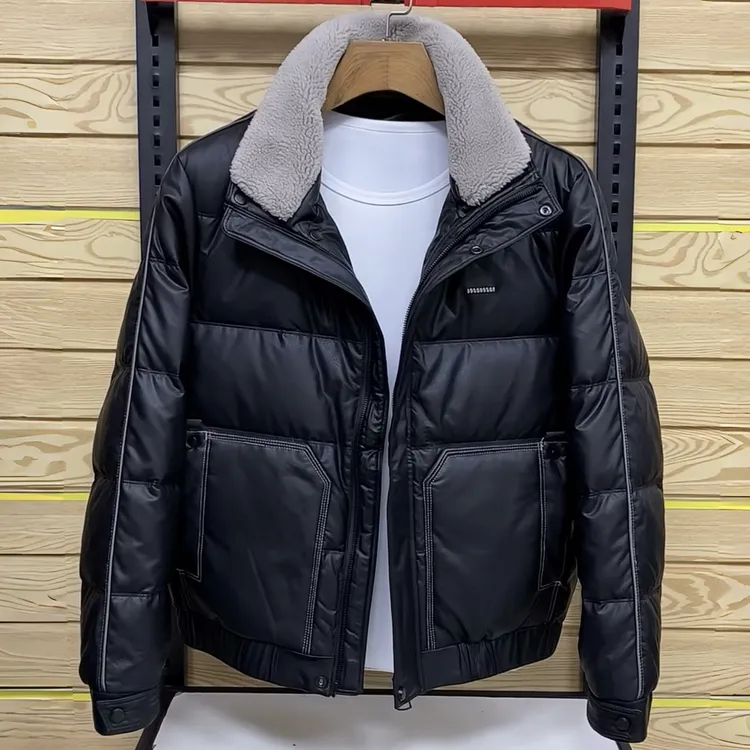 高端白鸭绒皮羽绒服男冬季潮牌2025新款修身短款男士加厚翻领外套