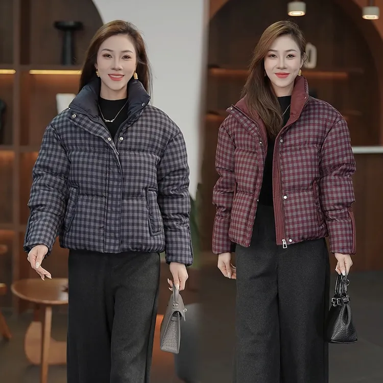 时尚格纹保暖棉服女士冬季新款小个子立领面包服夹棉加厚短款外套