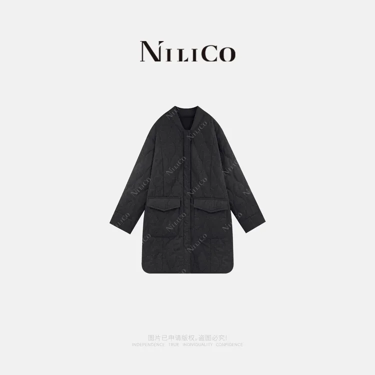 NILICO【偏爱】巴恩风纯色简约棒球领侧开叉复古中长款葫芦航线棉服