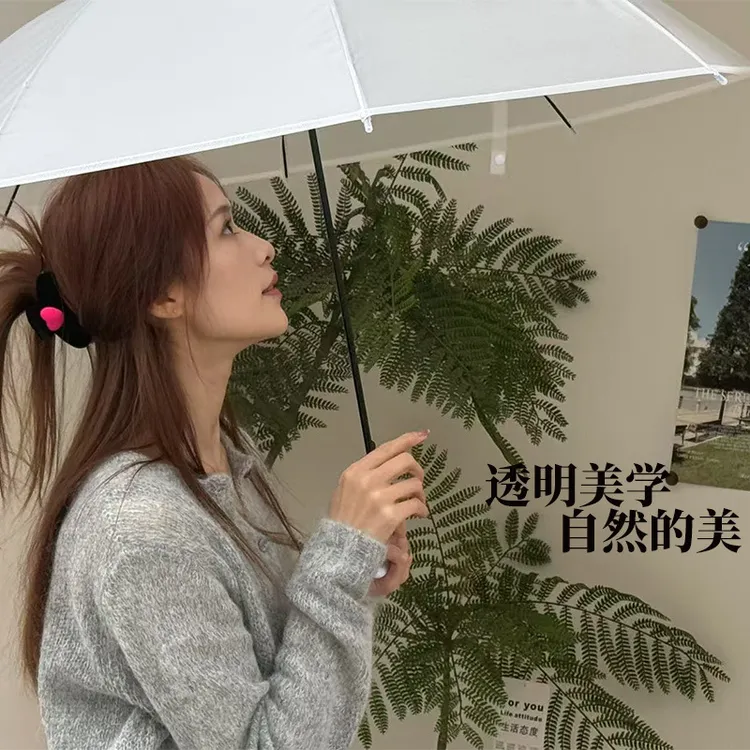 雨中花透明伞企长柄伞小雨伞手动伞可爱高级感小号网红磨砂白色骨