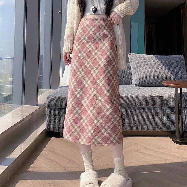 粉色格子毛呢半身裙女2025秋冬新款高腰显瘦包臀a字裙中长款裙子