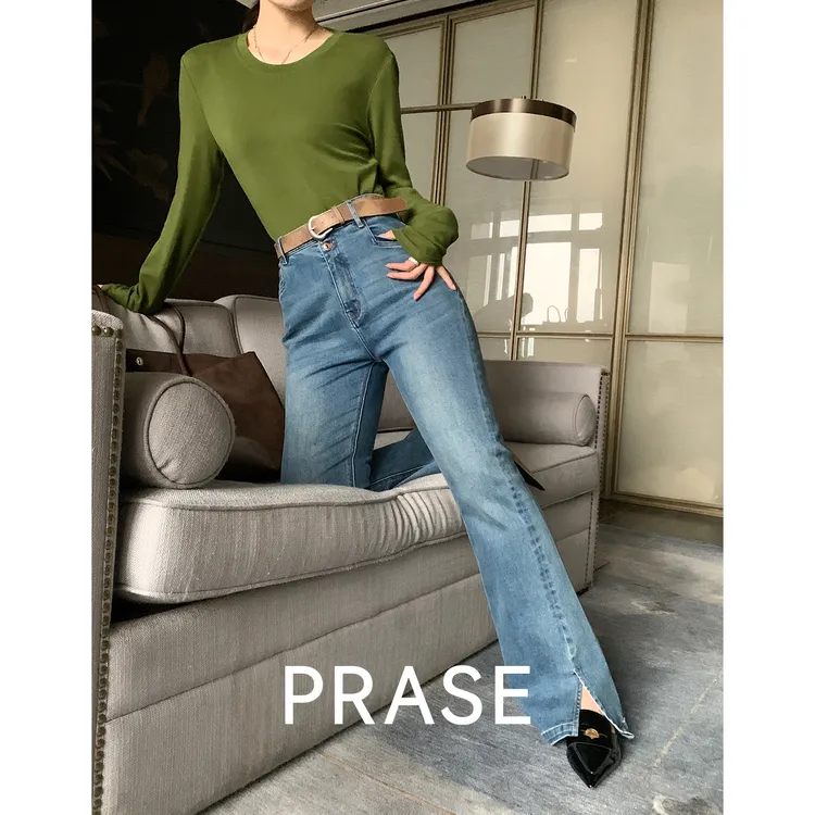 PRASE·噜【旧巷尾】微胖轻奢秋百搭时尚弹力微喇牛仔裤PR410C47